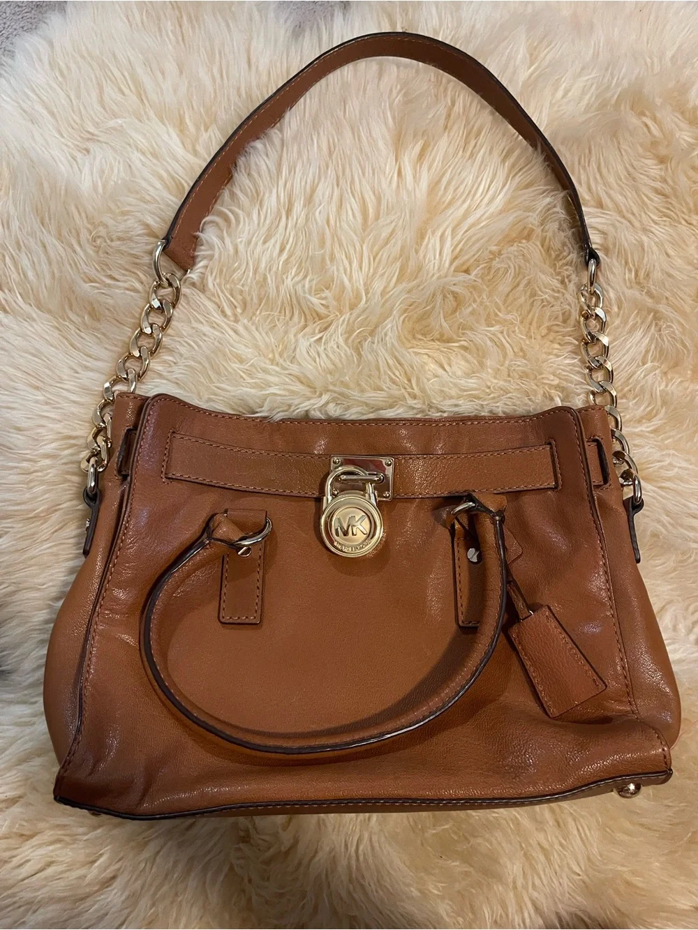 Michael Kors Cognac Leather Satchel with Gold MK Charm